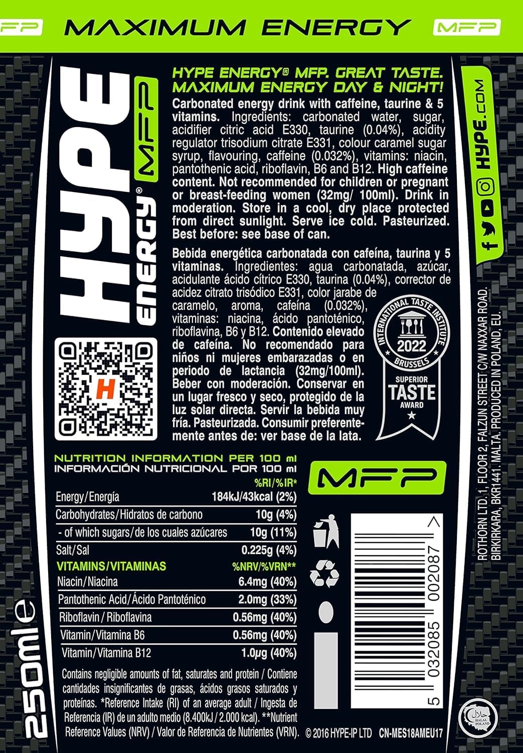 Hype Energy MFP Classic Energy Drink – 24 x 250ml Cans | Caffeine, Taurine & 5 B-Vitamins | Vegan & Gluten-Free | Bold Flavour, Powerful Energy