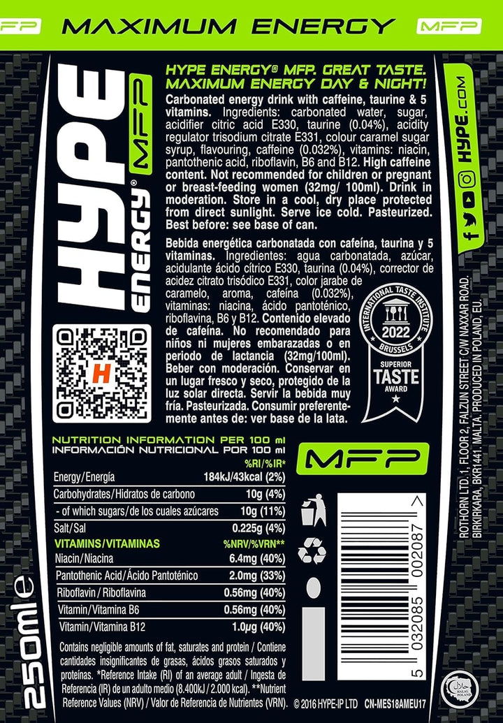 Hype Energy MFP Classic Energy Drink – 24 x 250ml Cans | Caffeine, Taurine & 5 B-Vitamins | Vegan & Gluten-Free | Bold Flavour, Powerful Energy