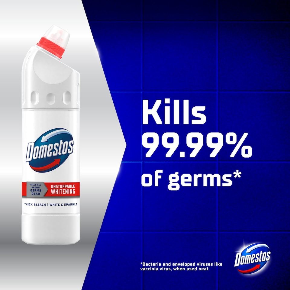 Domestos White & Sparkle Thick Bleach – Case of 9 x 750ml | Kills 99.9% of Germs | Whitening & Limescale Protection | Fresh Scent