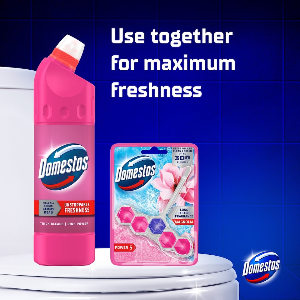 Domestos Pink Power Thick Bleach – Case of 9 x 750ml | Kills 99.9% of Germs | Limescale Protection | Fresh Pink Scent