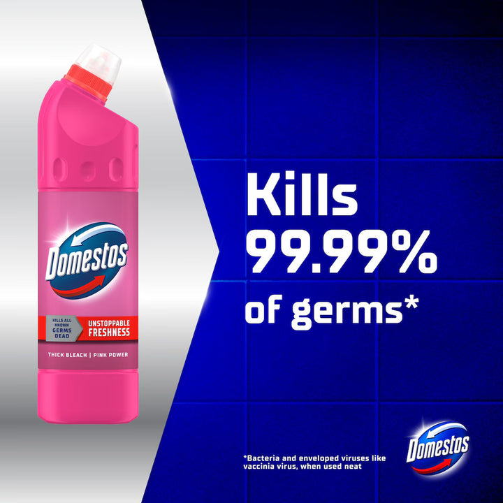 Domestos Pink Power Thick Bleach – Case of 9 x 750ml | Kills 99.9% of Germs | Limescale Protection | Fresh Pink Scent
