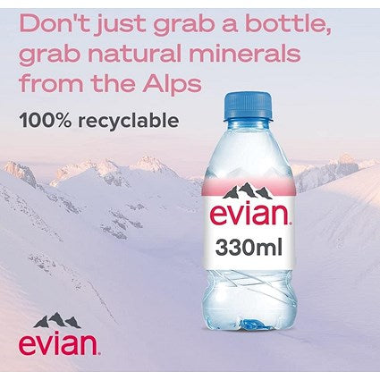 Evian Natural Spring Water – 24 x 330ml Bottles | Zero Sugar & Calories | Pure, Refreshing Hydration