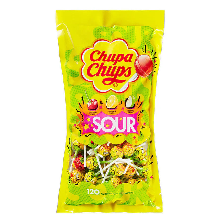 Chupa Chups Sour – 120 Lollipops (1 Pack) | Assorted Tangy Fruit Flavours | Party-Ready & Share-Friendly