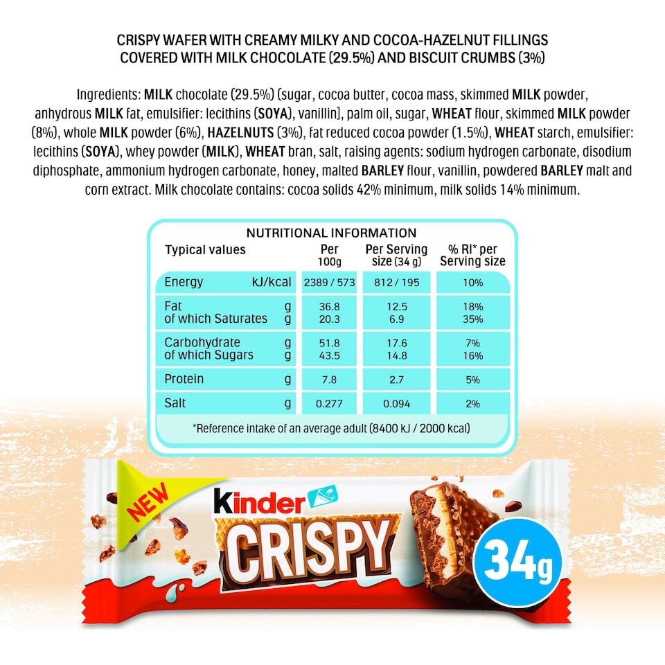 Kinder Crispy Chocolate Bars – 14 × 34g Multipack | Crunchy Wafer & Milk Chocolate | Bulk Value Pack, Individually Wrapped, Snack-Size, Share Box (476g)