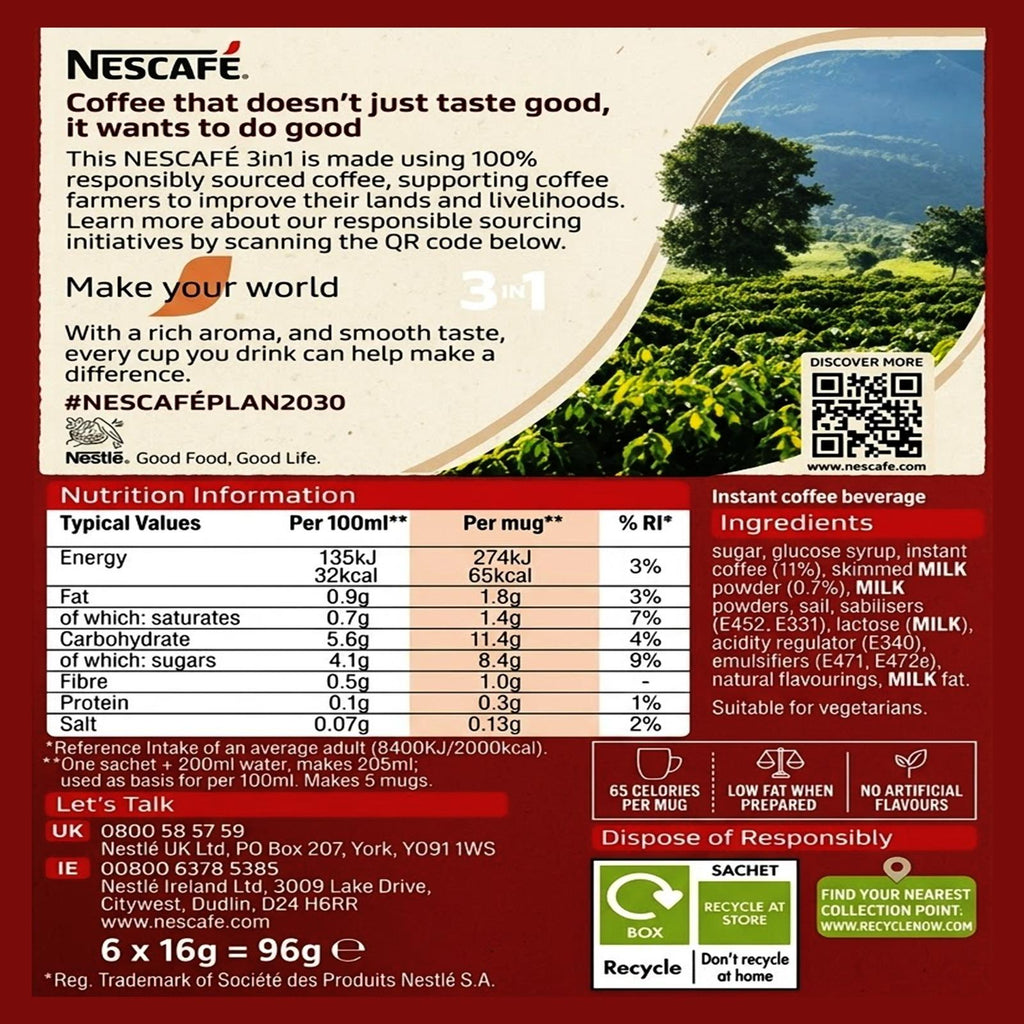 Nescafé 2in1 & 3in1 Instant Coffee | Original, Caramel & Smooth Rich Flavours | 11 x 6 Sachets