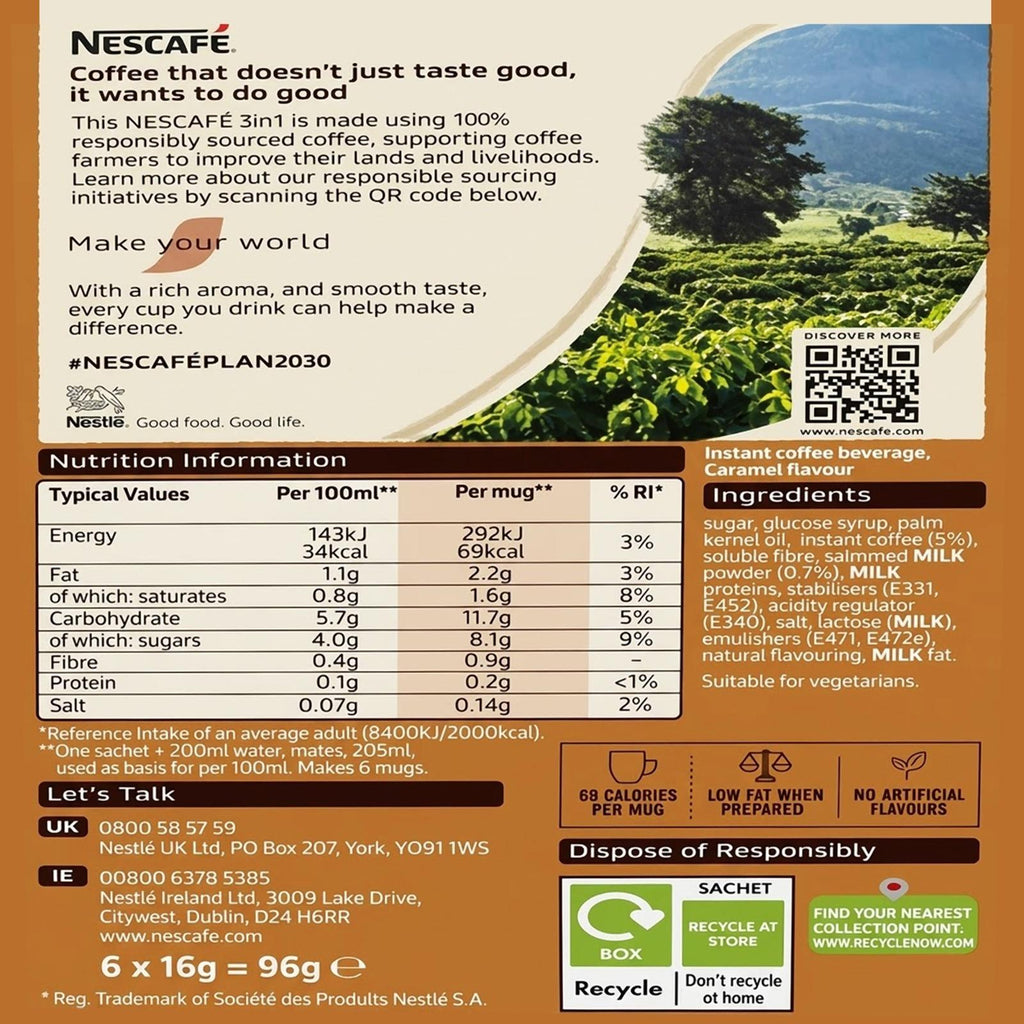 Nescafé 2in1 & 3in1 Instant Coffee | Original, Caramel & Smooth Rich Flavours | 11 x 6 Sachets