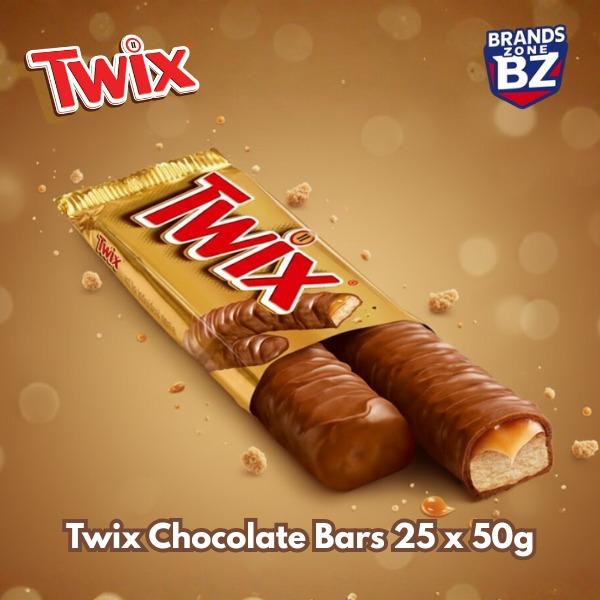 Twix Chocolate Bars 25 x 50g 2 Fingers of Crunchy Biscuit Caramel Milk Chocolate Bulk Pack for Sharing Snacking Dessert Cookie Crispy Chewy Goodness Individually Wrapped