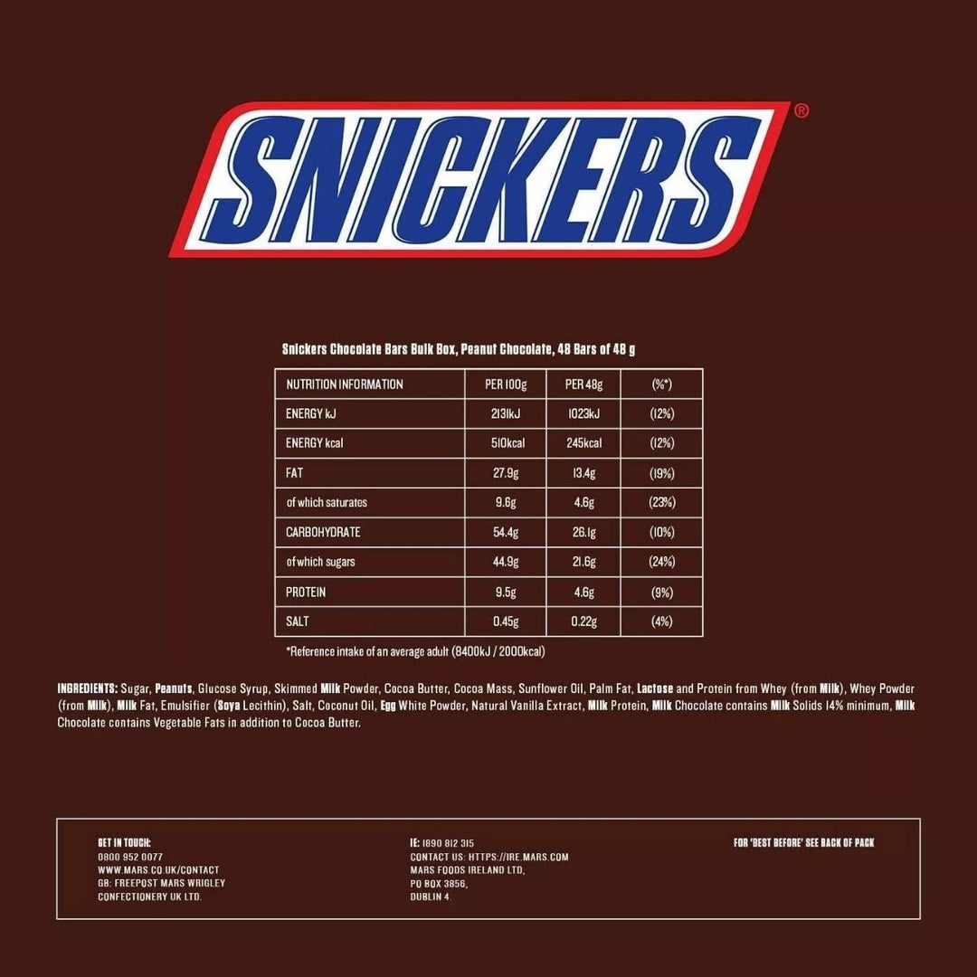 Snickers Chocolate Bars – 24 x 50g | Packed with Peanuts, Caramel & Nougat | Bulk Box for Sharing, Snacking & Gifting