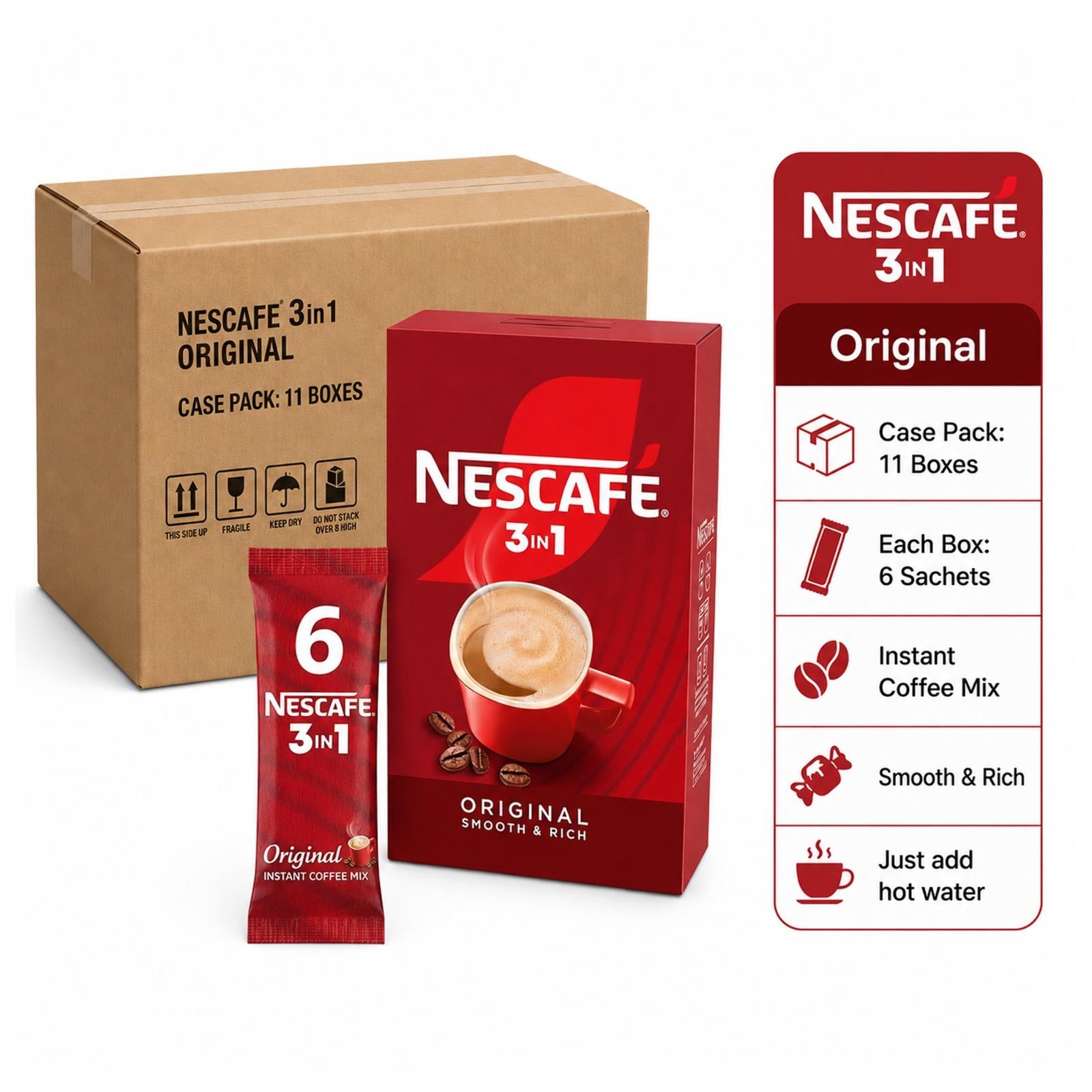 Nescafé 2in1 & 3in1 Instant Coffee | Original, Caramel & Smooth Rich Flavours | 11 x 6 Sachets