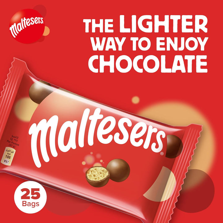 Maltesers Milk Chocolate 25 x 37g | Crunchy Malted Honeycomb Centers | Smooth Milk Chocolate Snack | Party & Office Treats