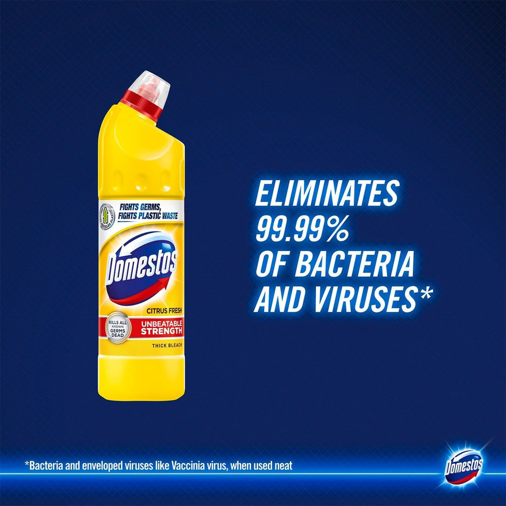 Domestos Thick Bleach Citrus Fresh Multi-Purpose Disinfectant Anti-Bacterial Surface Cleaner Gel Limescale Remover for Toilet, Bathroom and Kitchen, 750ml – Case of 9