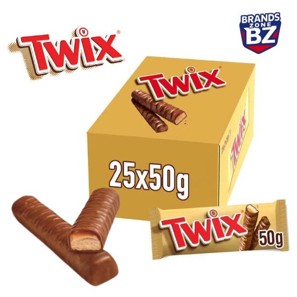 Twix Chocolate Bars 25 x 50g 2 Fingers of Crunchy Biscuit Caramel Milk Chocolate Bulk Pack for Sharing Snacking Dessert Cookie Crispy Chewy Goodness Individually Wrapped