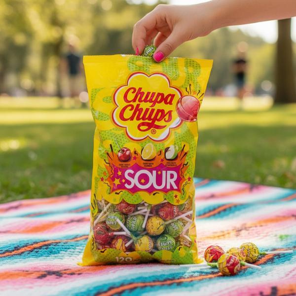 Chupa Chups Sour Lollipops 120 Pack | Assorted Tangy Fruity Flavours | Party Bags, Office Treats & Share-Friendly Candy Bulk Pack
