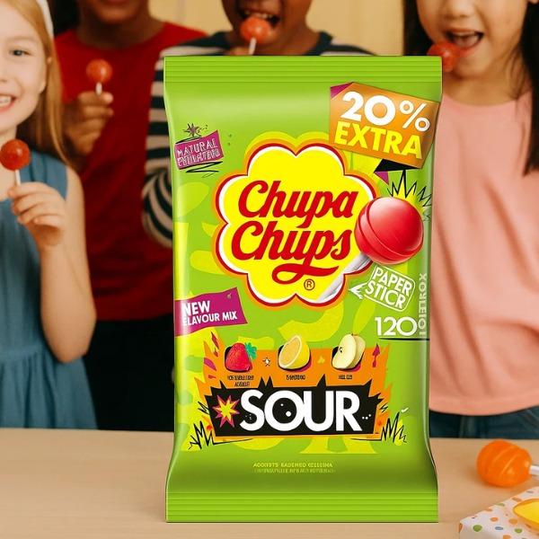 Chupa Chups Sour Lollipops 120 Pack | Assorted Tangy Fruity Flavours | Party Bags, Office Treats & Share-Friendly Candy Bulk Pack