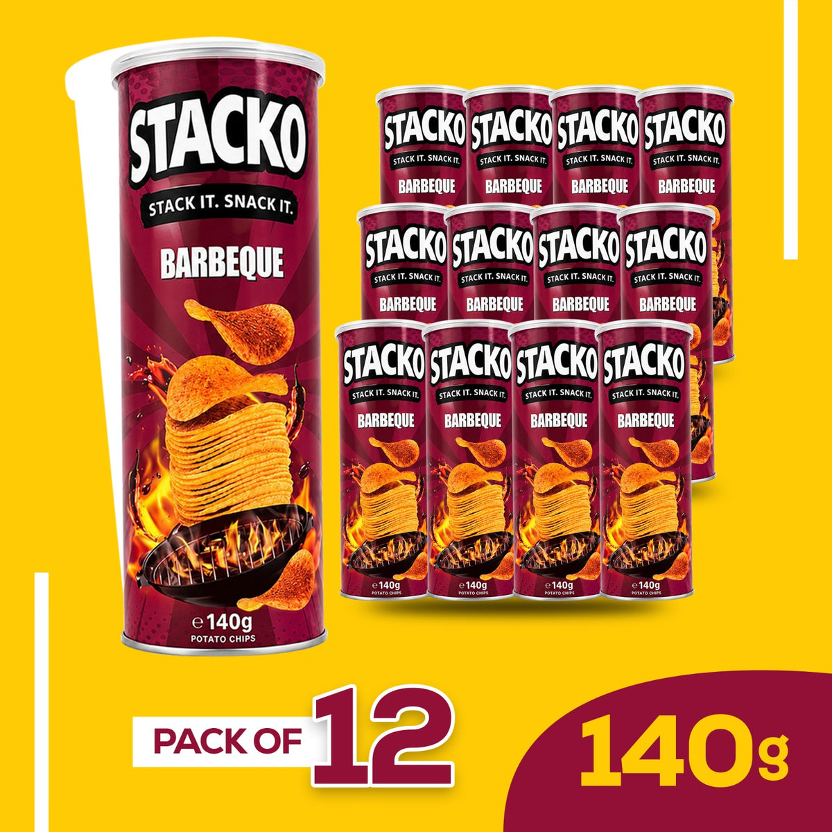 STACKO Barbeque Flavoured Potato Chips – 140g