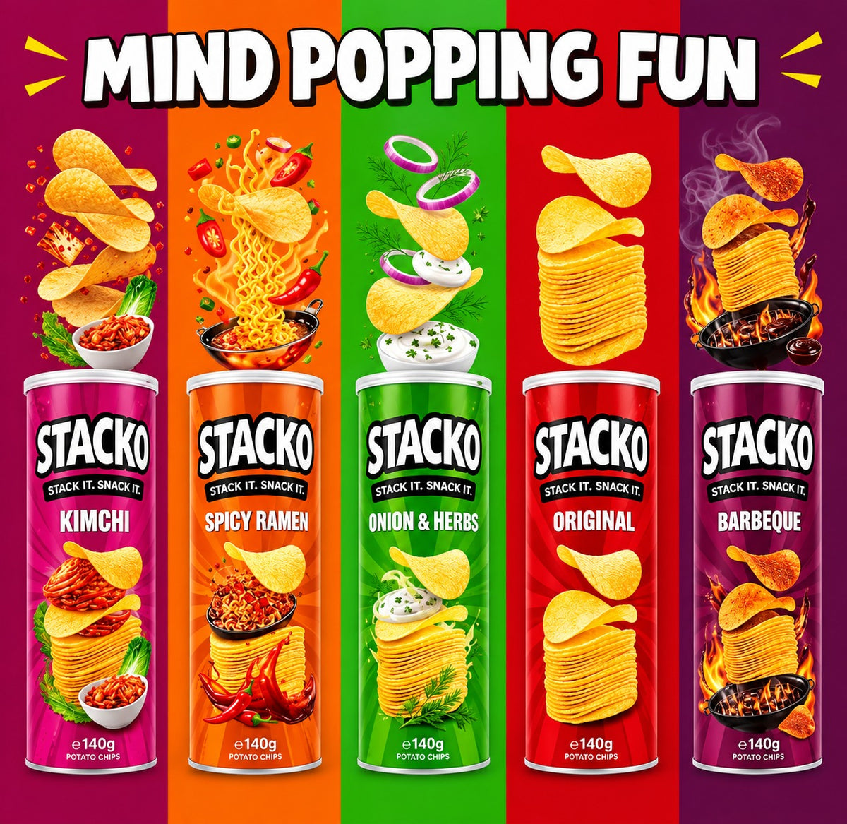 STACKO Mixed Flavour Potato Chips – Multipack of 15 (140g Each)