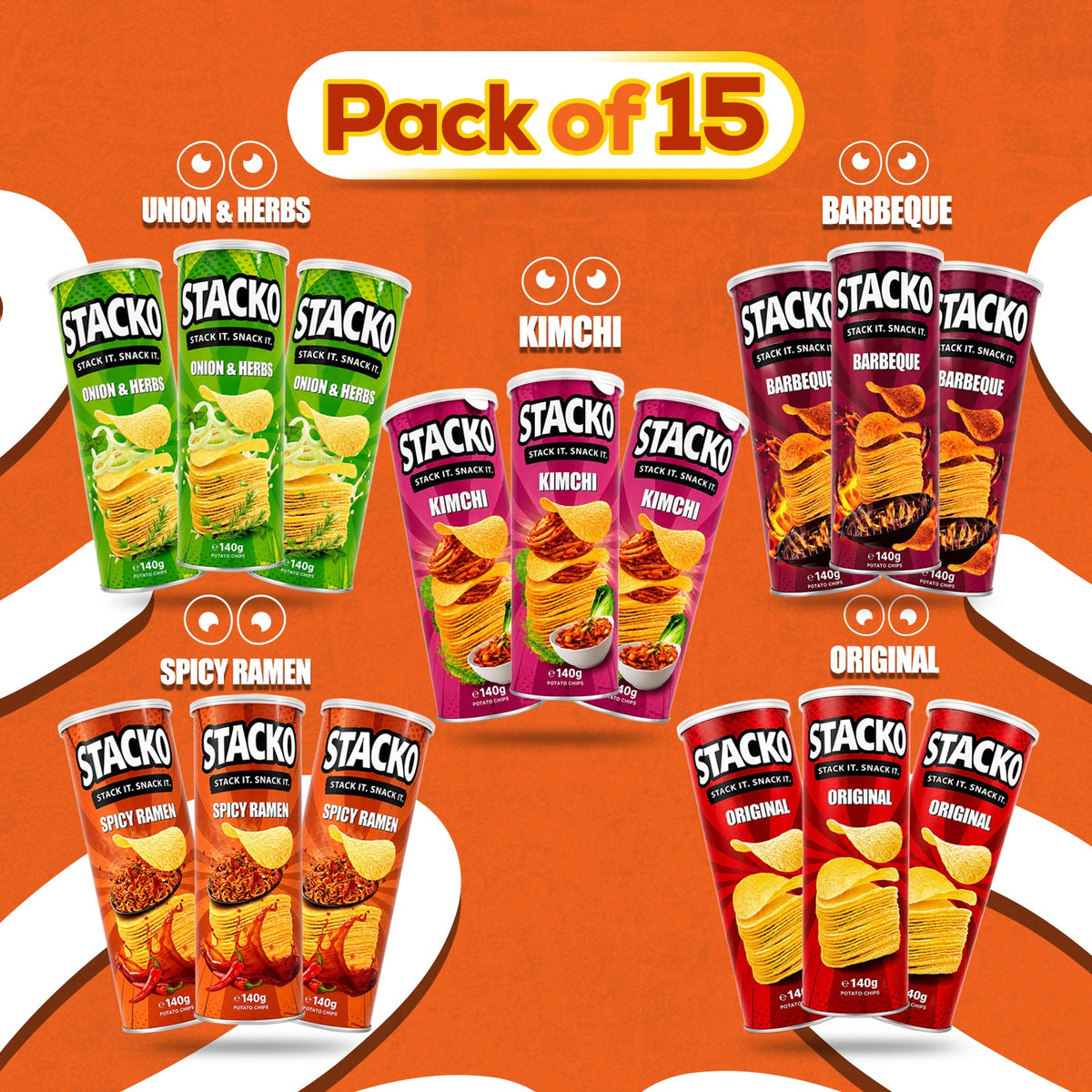 STACKO Mixed Flavour Potato Chips – Multipack of 15 (140g Each)