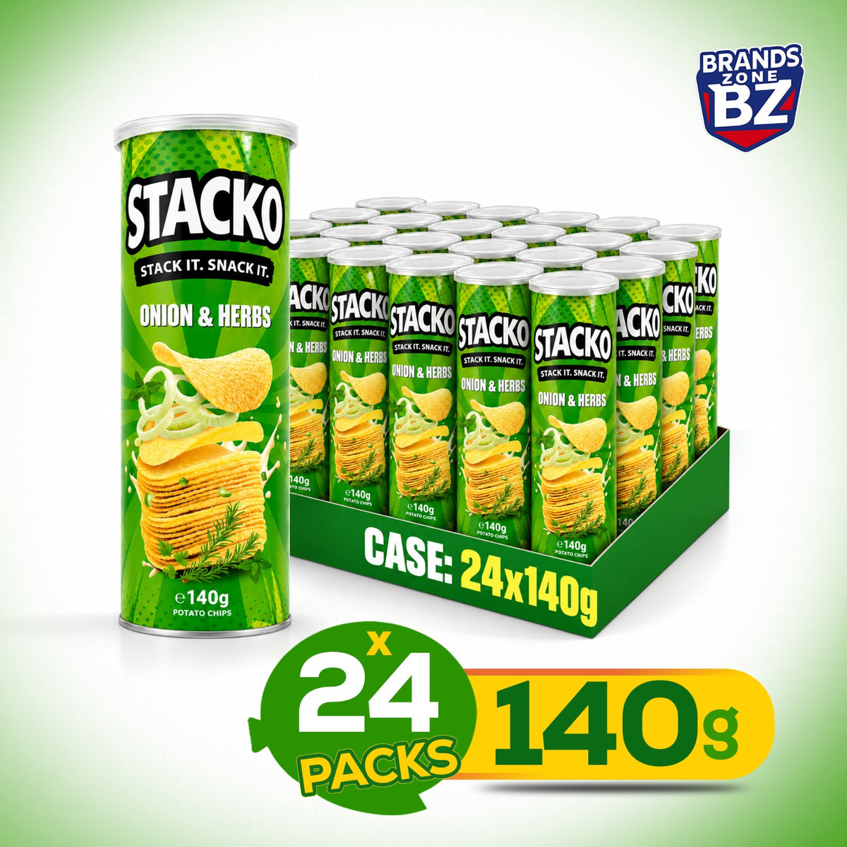 STACKO Onion & Herbs Flavoured Potato Chips – 140g