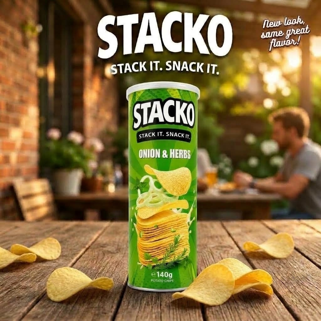STACKO Onion & Herbs Flavoured Potato Chips – 140g