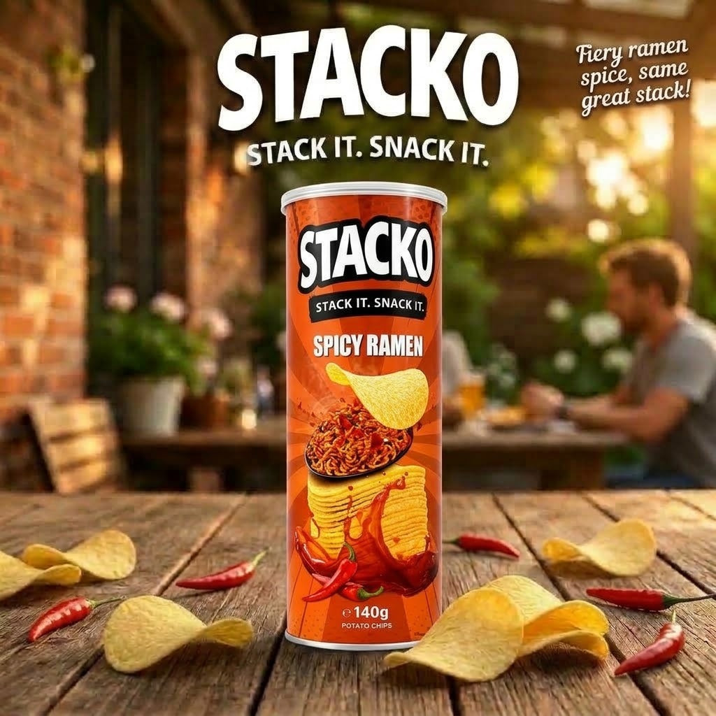 STACKO Spicy Ramen Flavoured Potato Chips – 140g