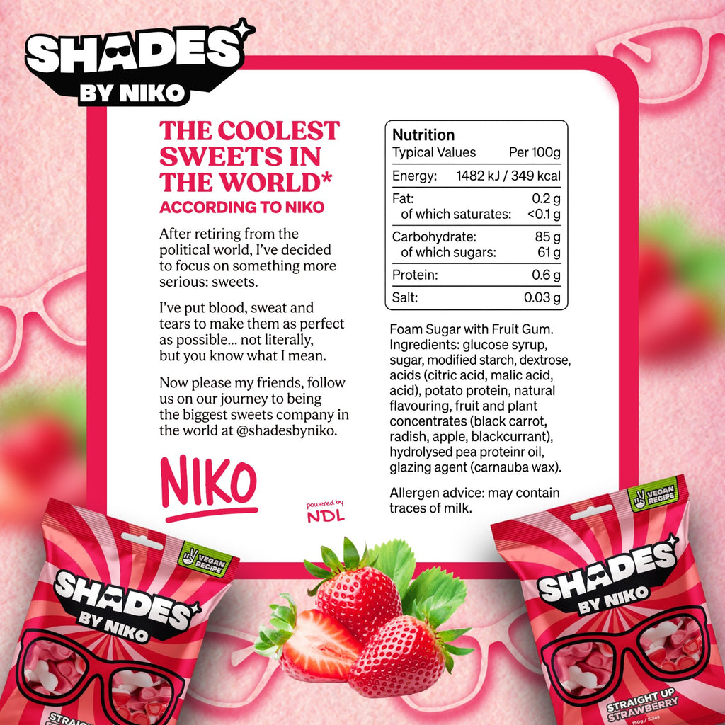 Shades by Niko Straight Up Strawberry  20x150g Halal Vegan Chewy Fruit Sweets