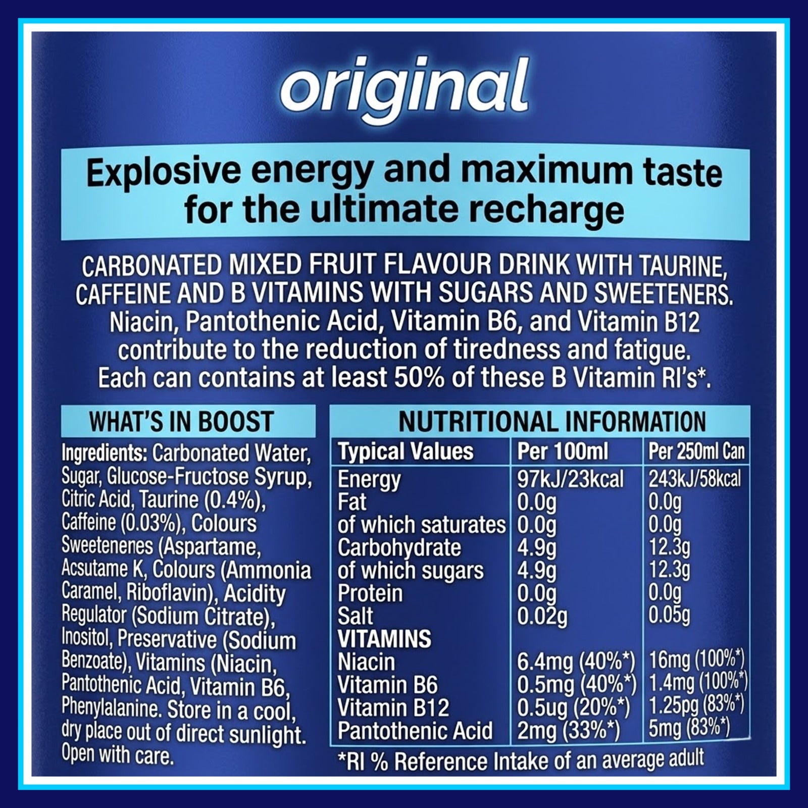 Boost Energy Drink Original Flavour - 24 Pack Drinks with Caffeine, Taurine and Vitamin B | Carbonated Energy Drinks | Gluten Free Vegan Low Calorie Fizzy Drinks Multipack | 24x250ml
