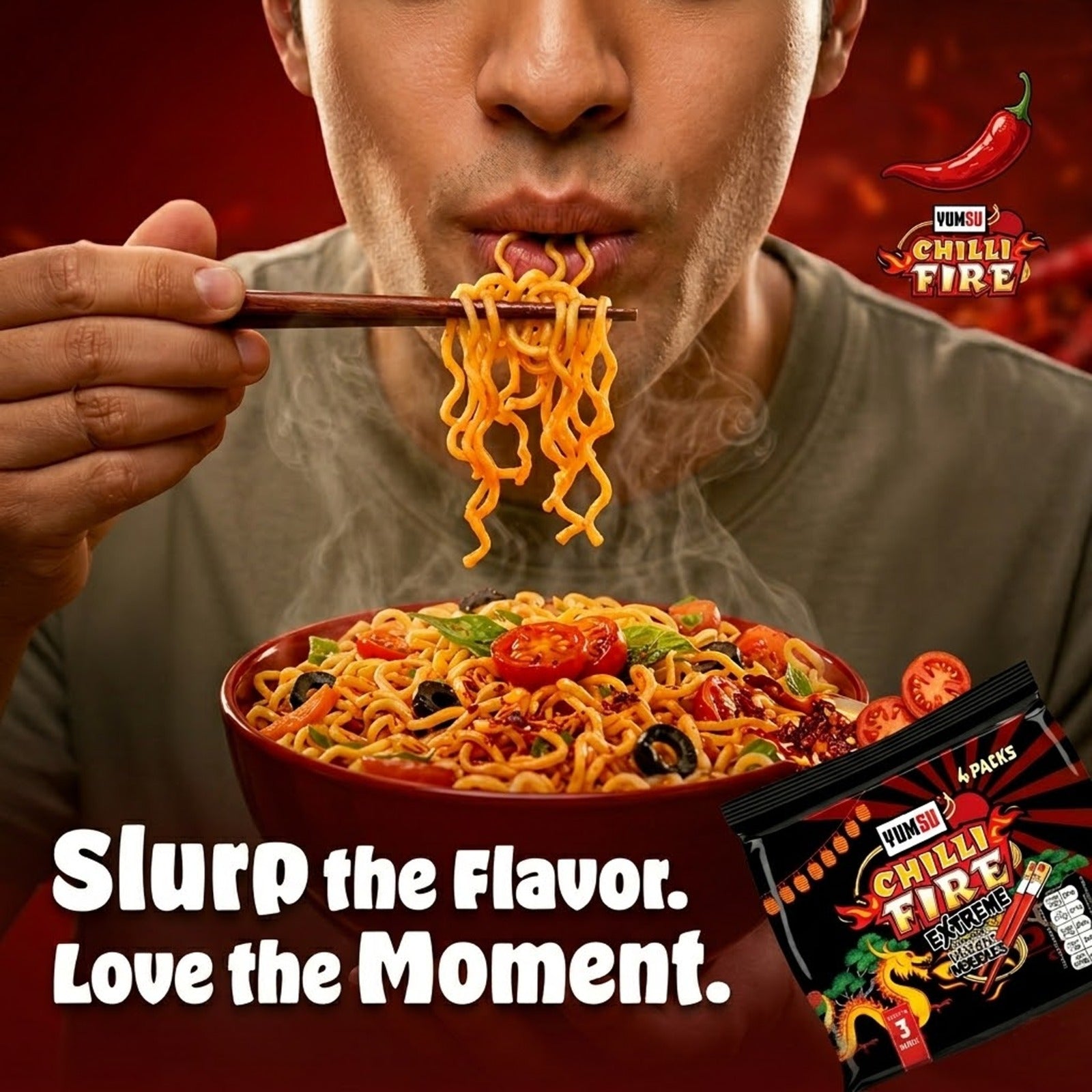 Yumsu Chilli Fire Extreme Flavour Instant Noodles, 2 x 70g (4 packs in 1)
