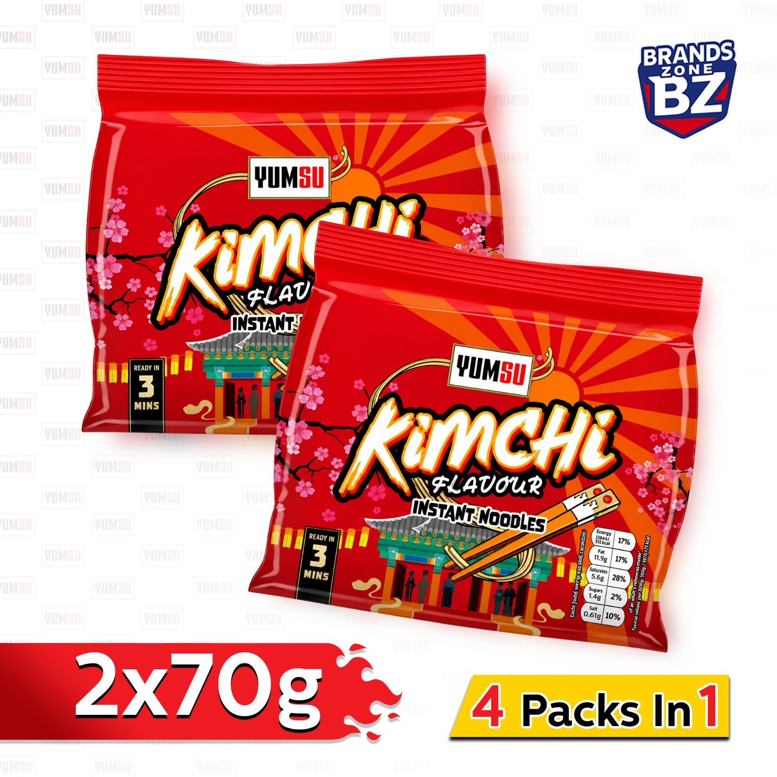 Yumsu Kimchi Flavour Instant Noodles Assorted Packs 2 x 70g (4 packs in 1 )