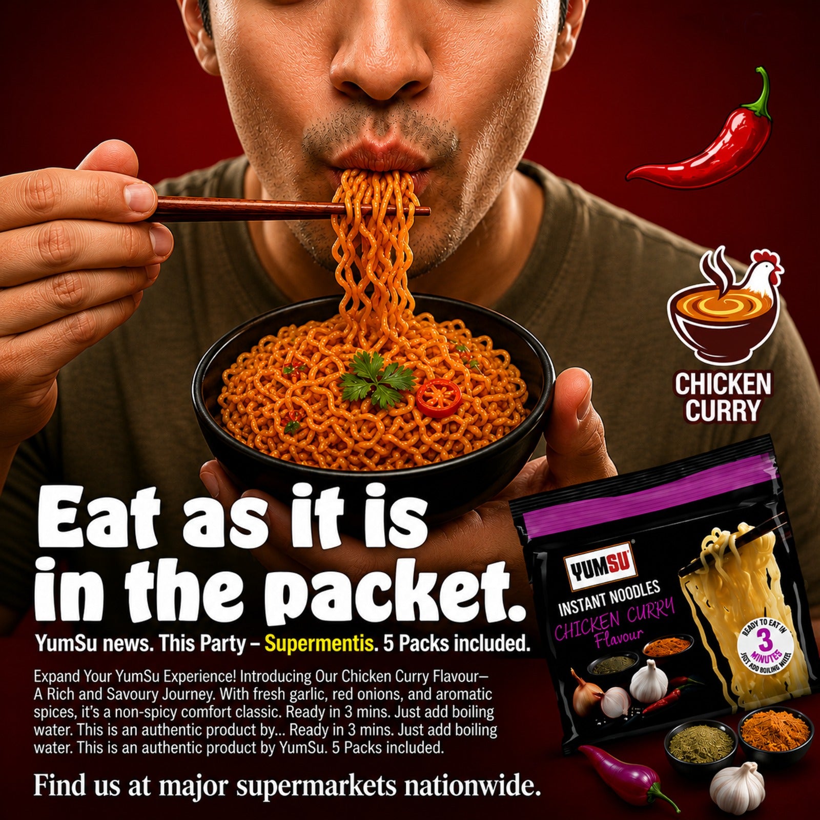 Yumsu Chicken Curry Instant Noodles – 2 x 70g (5 Pack in 1)