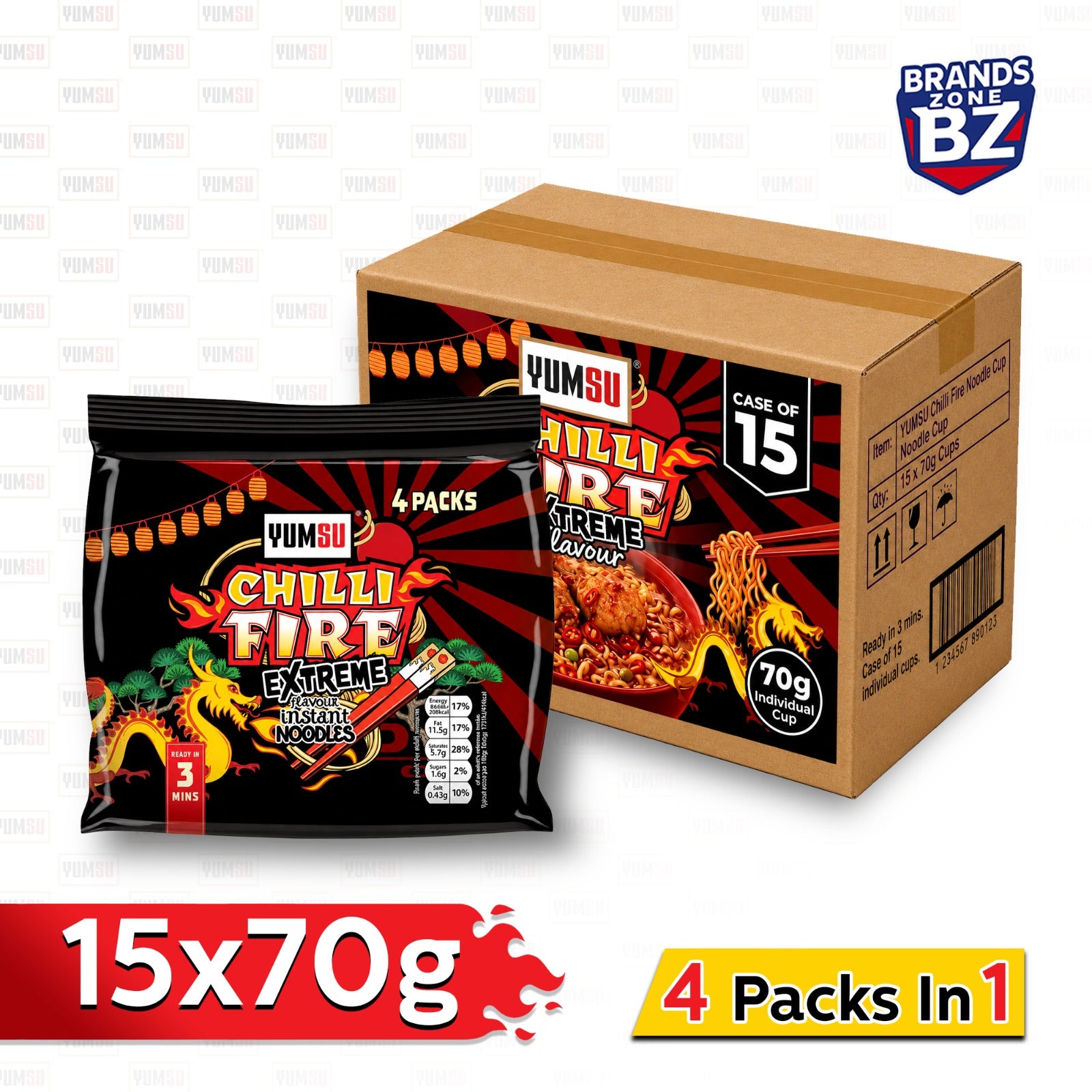 Yumsu Chilli Fire Extreme Flavour Instant Noodles, 15 x 70g (4 packs in 1)