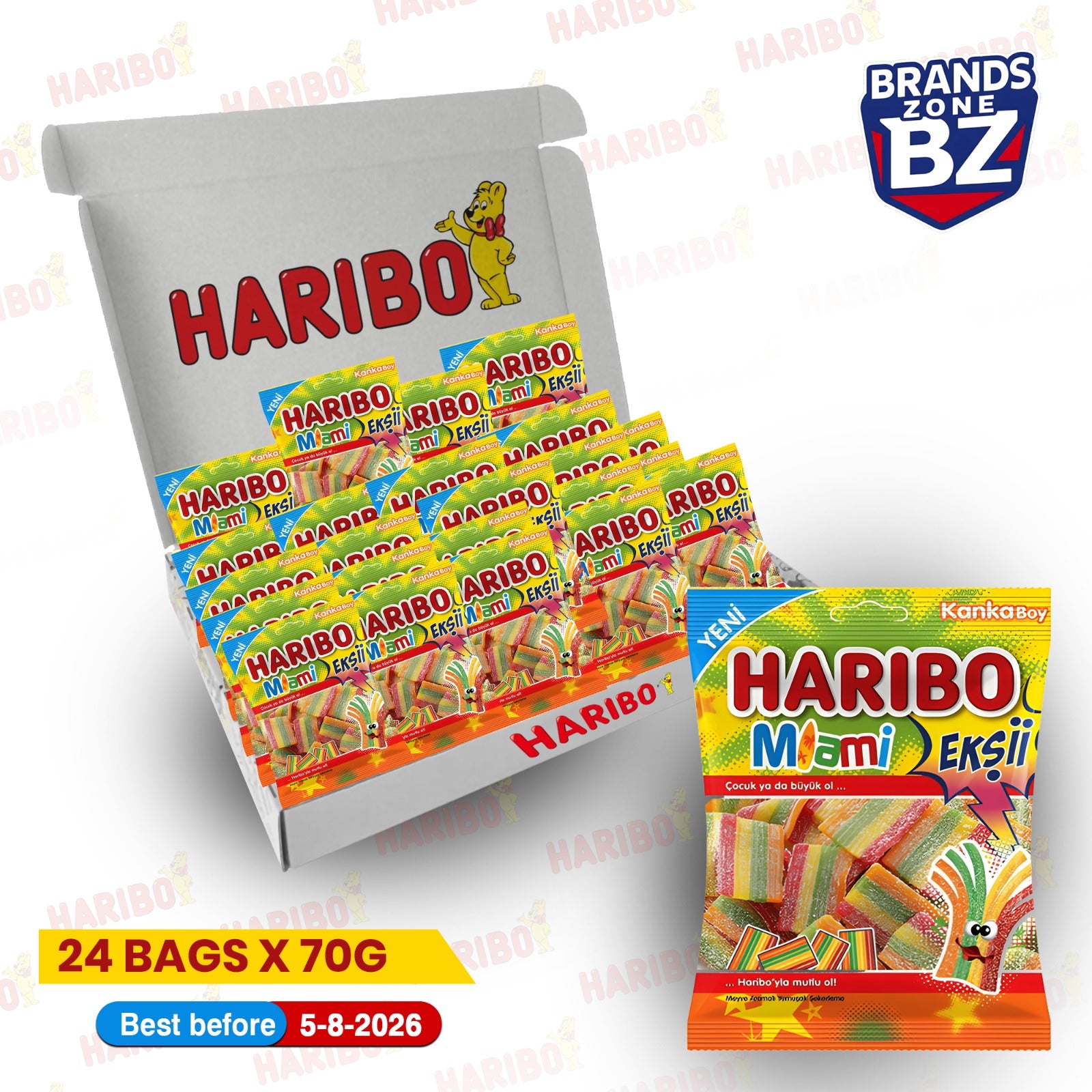 Haribo Miami Fizz Vegan Sour Fruit Gums 24 x 70g Bags | Short Expiry