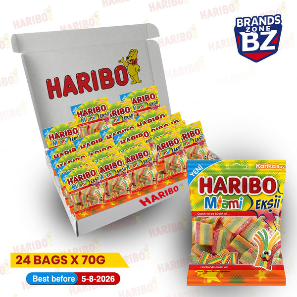 Haribo Miami Fizz Vegan Sour Fruit Gums 24 x 70g Bags | Short Expiry