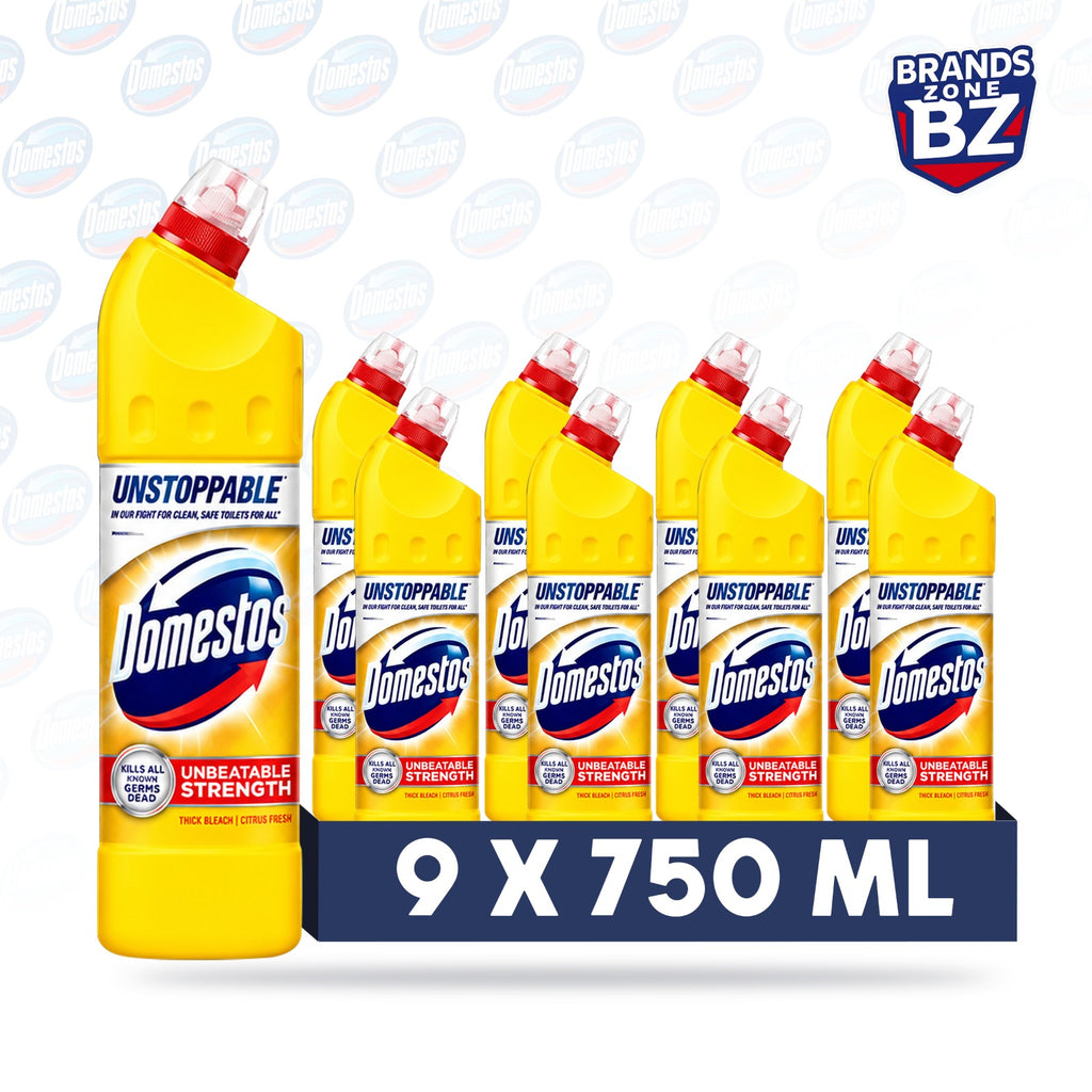 Domestos Thick Bleach Citrus Fresh Multi-Purpose Disinfectant Anti-Bacterial Surface Cleaner Gel Limescale Remover for Toilet, Bathroom and Kitchen, 750ml – Case of 9