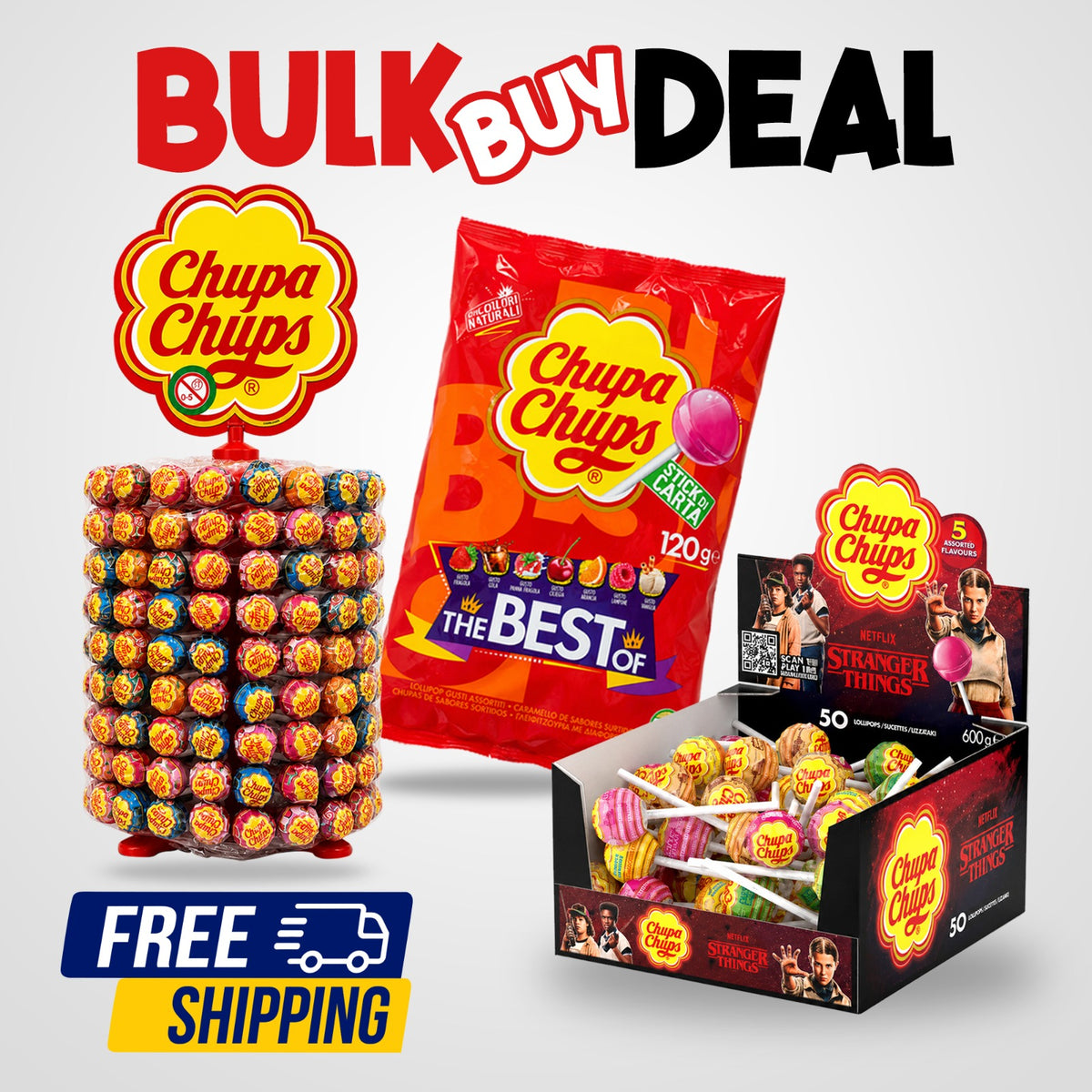 Chupa Chups Bulk Buy Bundle | Lollipop Wheel, Stranger Things & Red Bags | Mixed Flavours