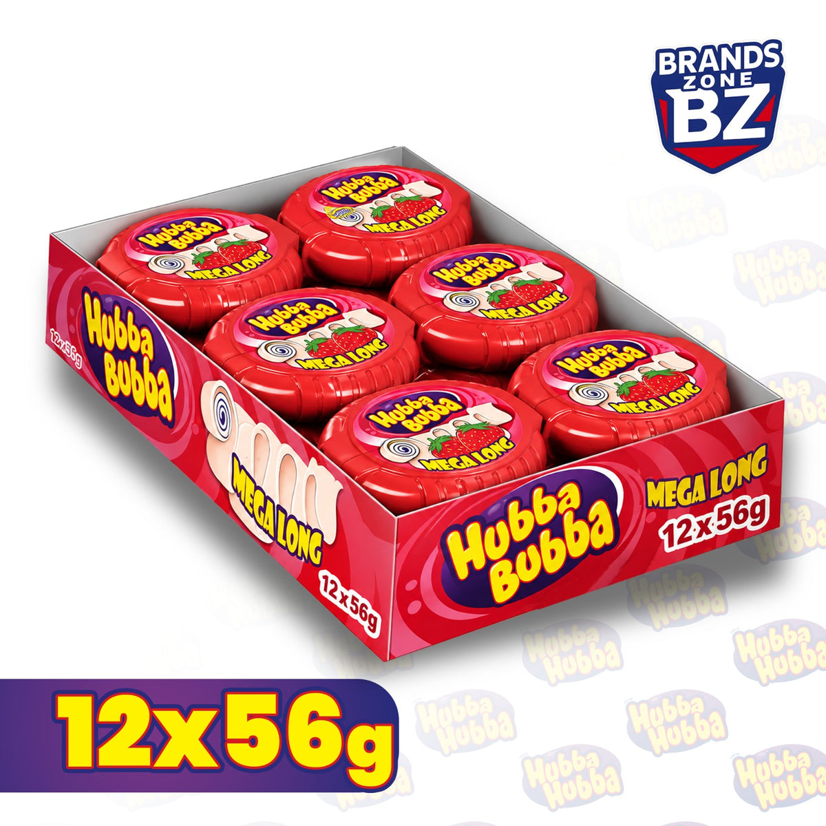 Hubba Bubba Snappy Strawberry Chewing Gum Mega Long Tape Bulk, 12 Packs