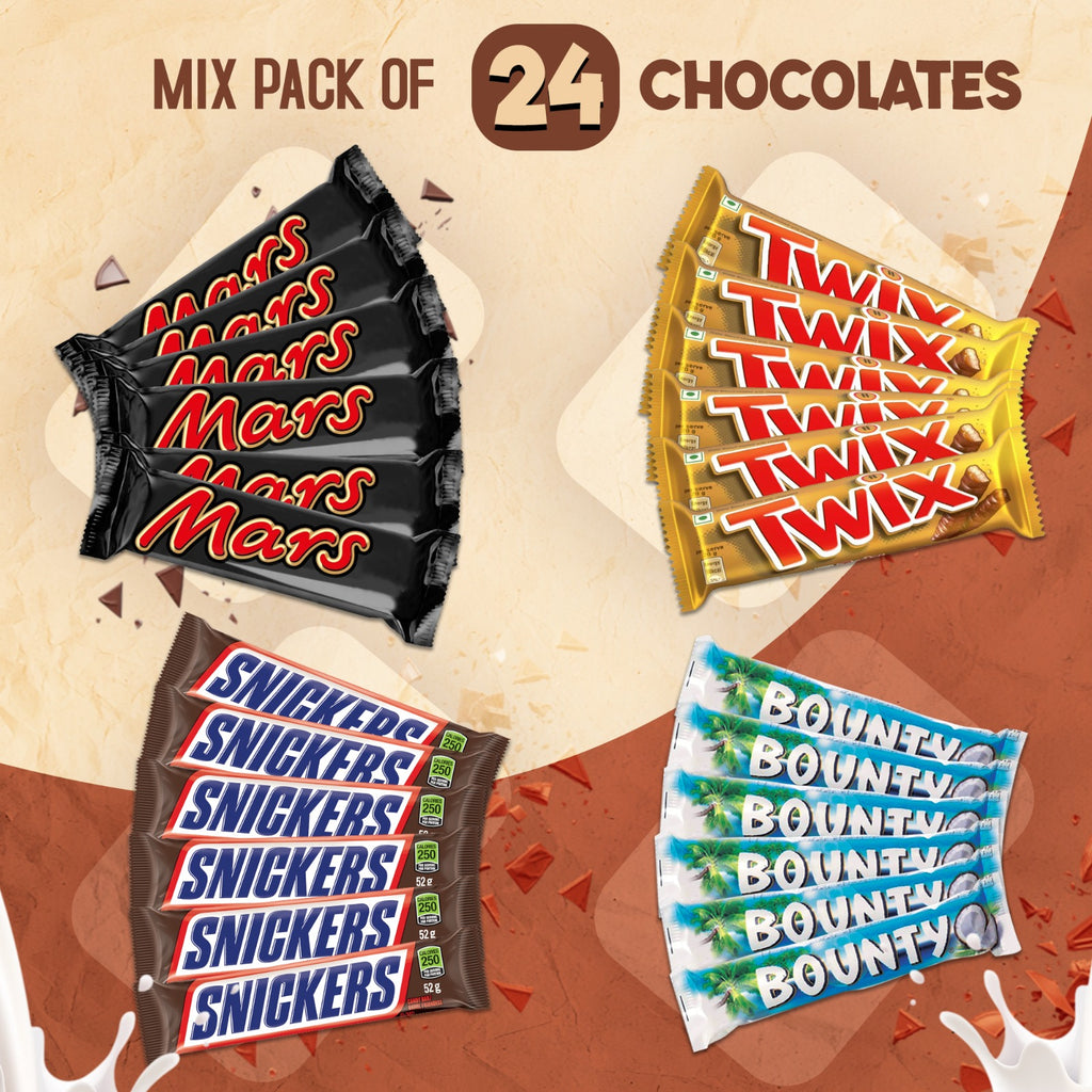 Multi-Pack Chocolate Box (24 Bars) – Bounty, Twix, Mars & Snickers Mix (6 Each) – Premium Assorted Candy Selection for Gifting & Sharing
