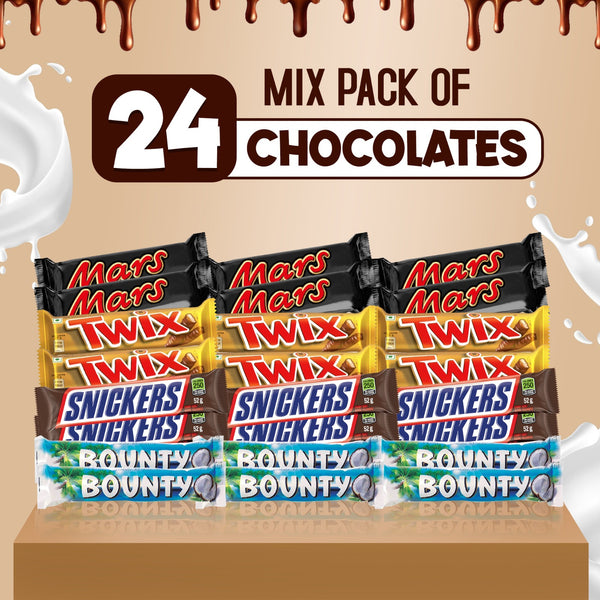 Multi-Pack Chocolate Box (24 Bars) – Bounty, Twix, Mars & Snickers Mix (6 Each) – Premium Assorted Candy Selection for Gifting & Sharing