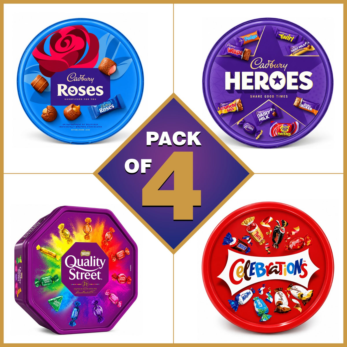 Chocolate Sharing Tubs Bundle – Pack of 4 | Cadbury Roses, Heroes, Quality Street & Celebrations | Assorted Chocolates Gift Set