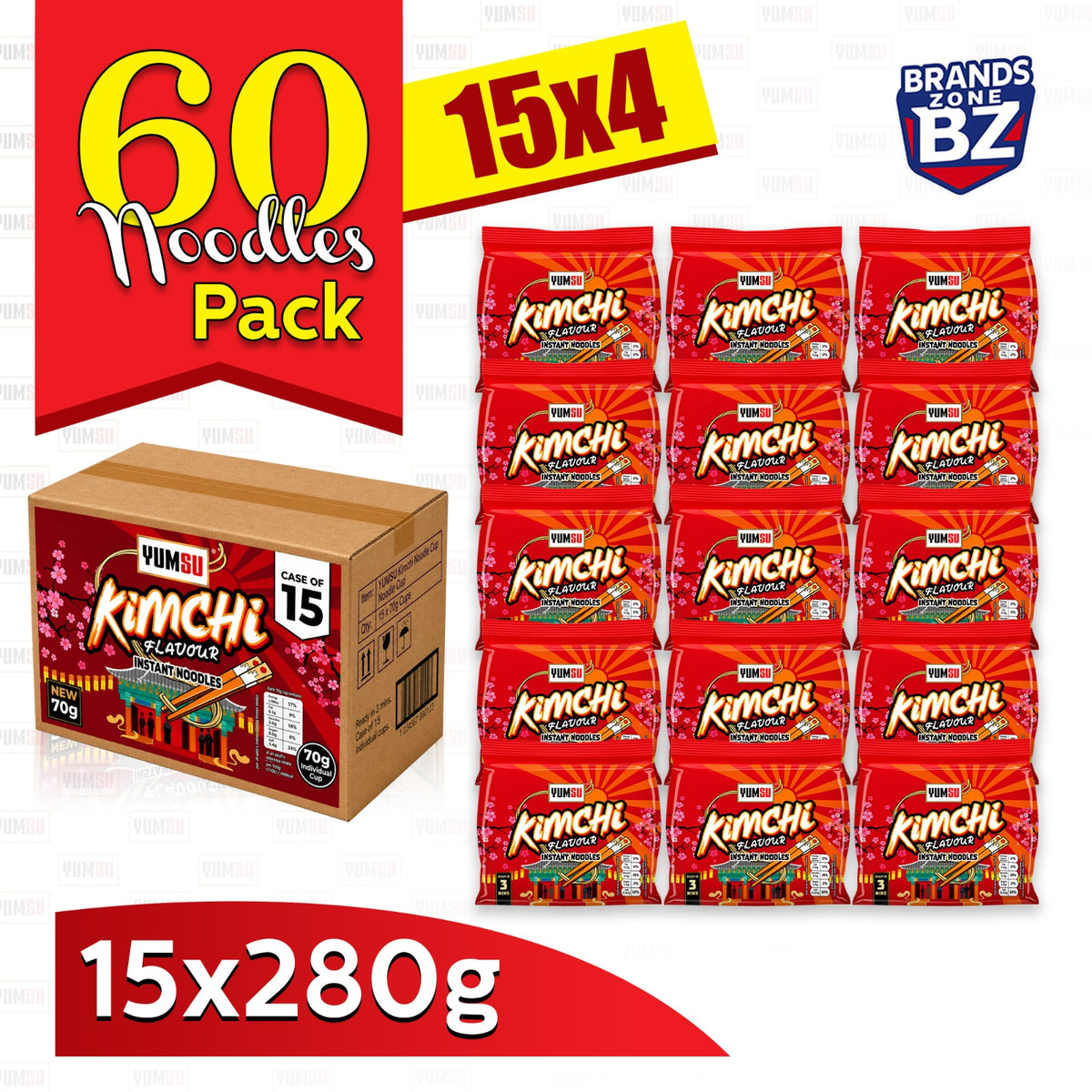 Yumsu Kimchi Flavour Instant Noodles Assorted Packs 15 x 280g (4 packs in 1 )