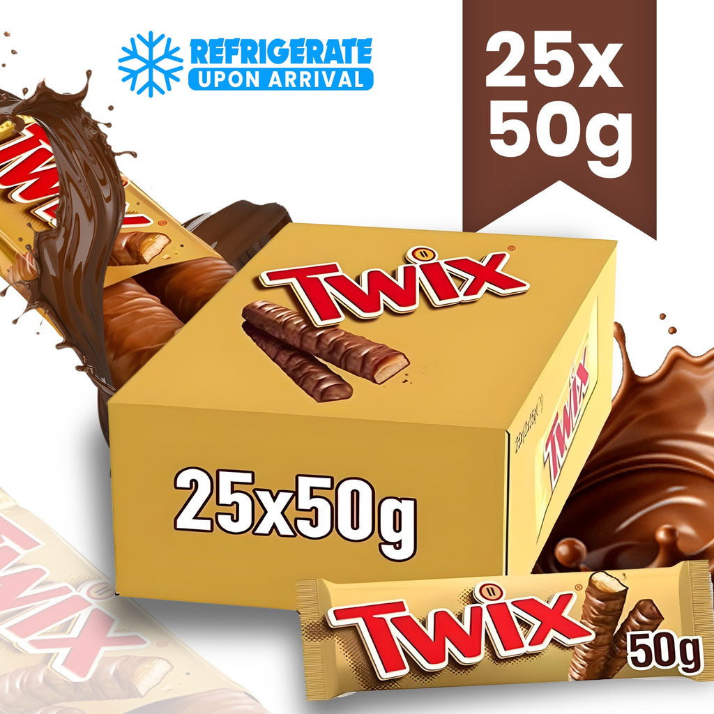 Twix Chocolate Bars 25 x 50g 2 Fingers of Crunchy Biscuit Caramel Milk Chocolate Bulk Pack for Sharing Snacking Dessert Cookie Crispy Chewy Goodness Individually Wrapped