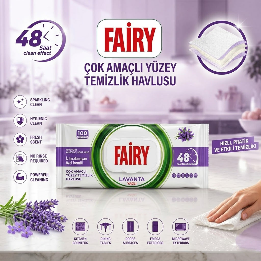 Fairy Multi-Surface Cleaning Wipes with Lavender Scent – 100 Disposable Wipes
