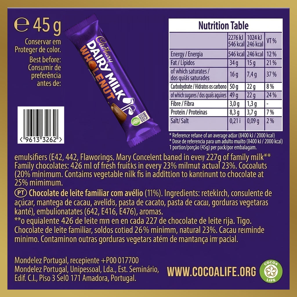 Dairy Milk Whole Nut Chocolate Bar 45g (Box of 48)