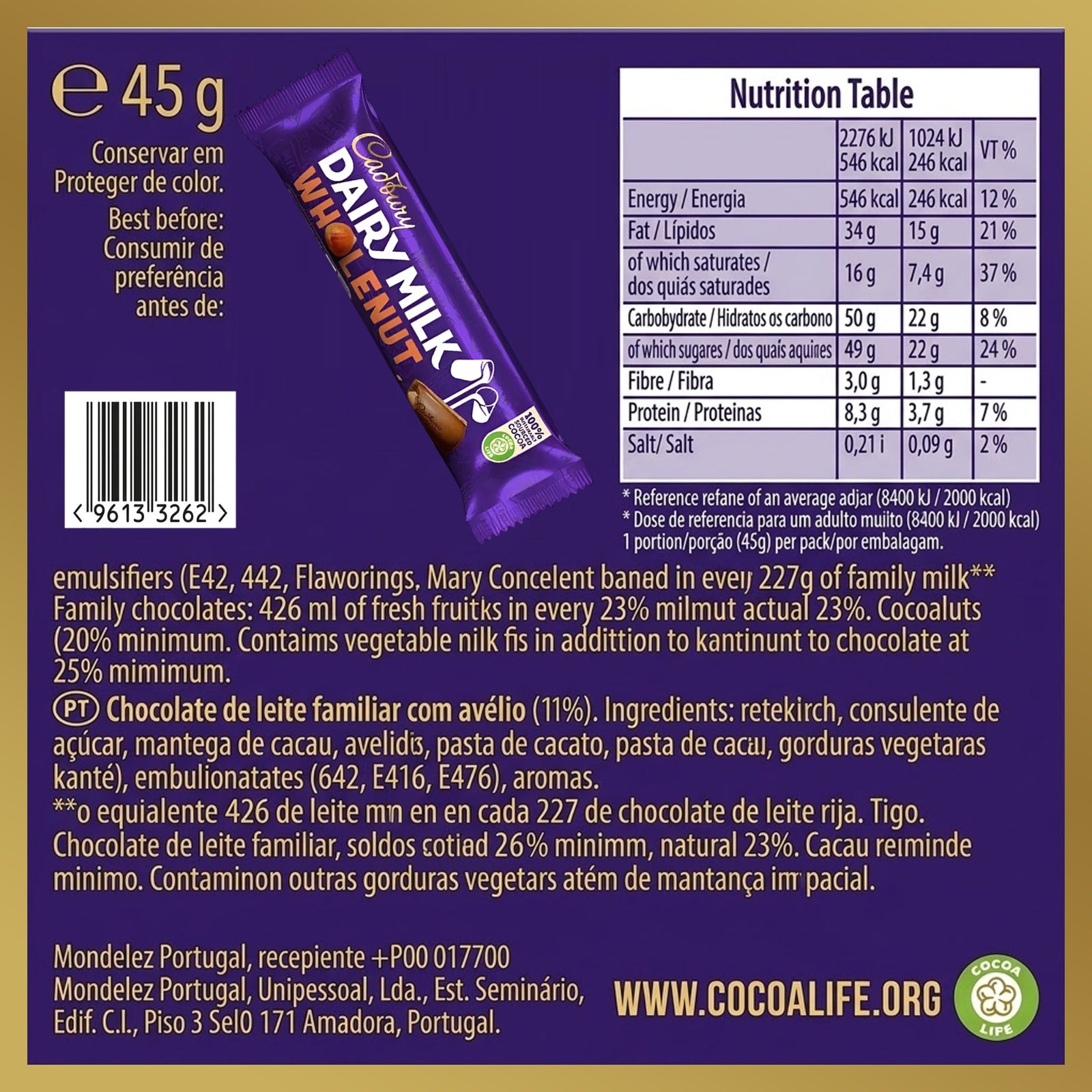 Dairy Milk Whole Nut Chocolate Bar 45g (Box of 48)