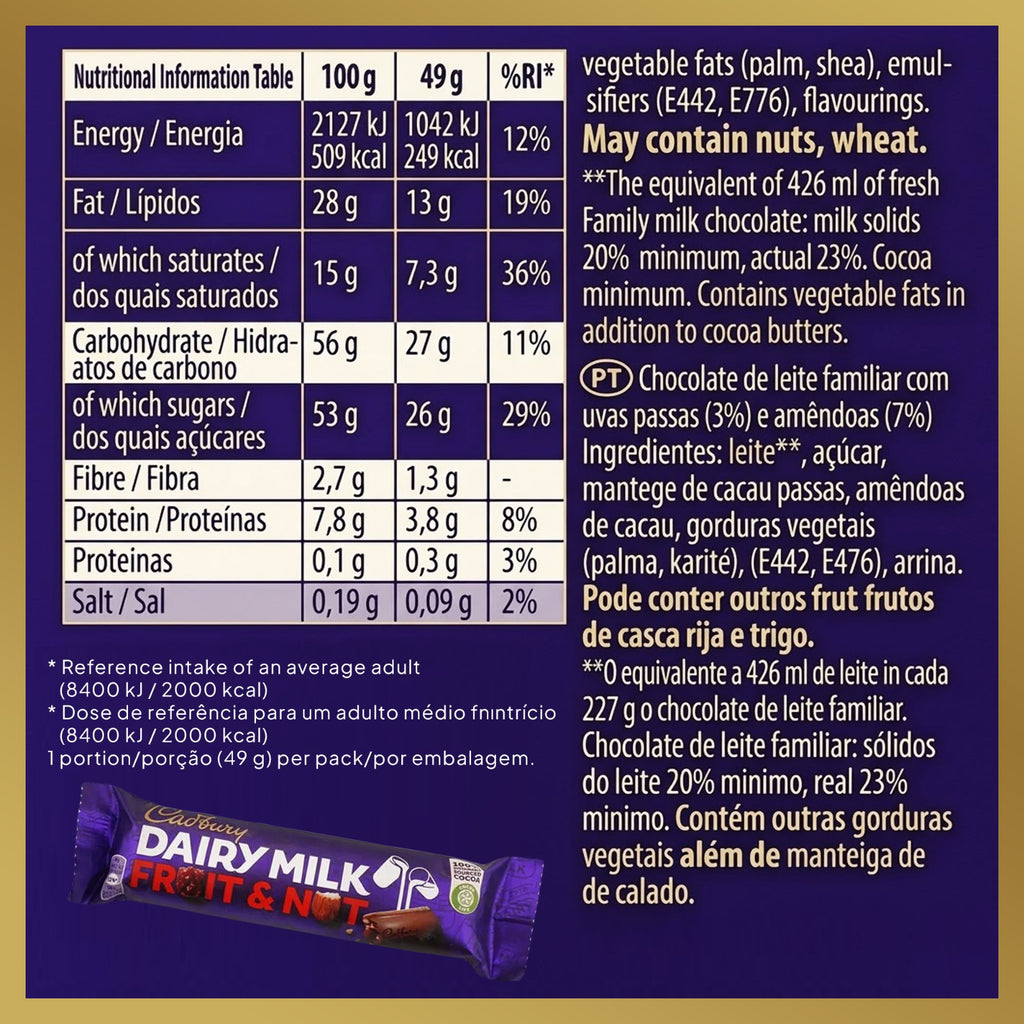 Dairy Milk Fruit & Nut Chocolate Bar 49g (Box of 48)