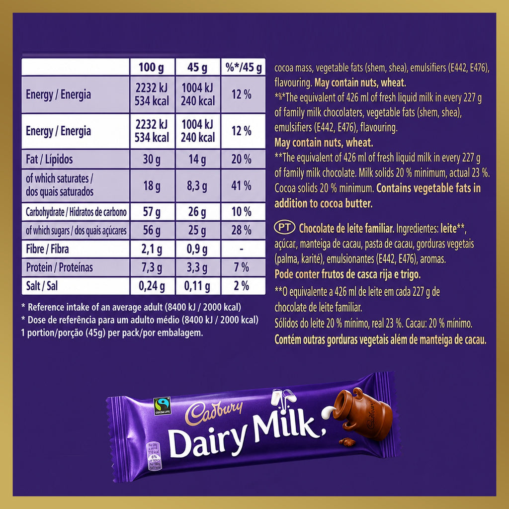 Cadbury Dairy Milk Chocolate Bar 45g (Box of 48)