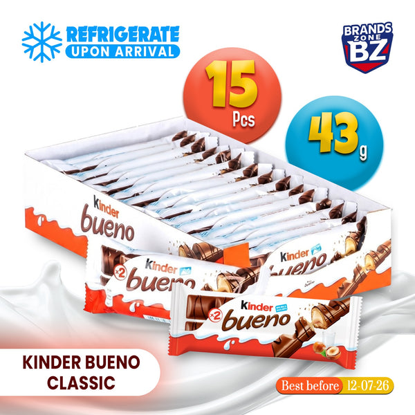 Kinder Bueno Classic Chocolate Bars 15 × 43g | Hazelnut Cream & Crispy Wafer | Individually Wrapped Share Pack | Office, Party & Bulk Treats | Best Before: 12-07-26