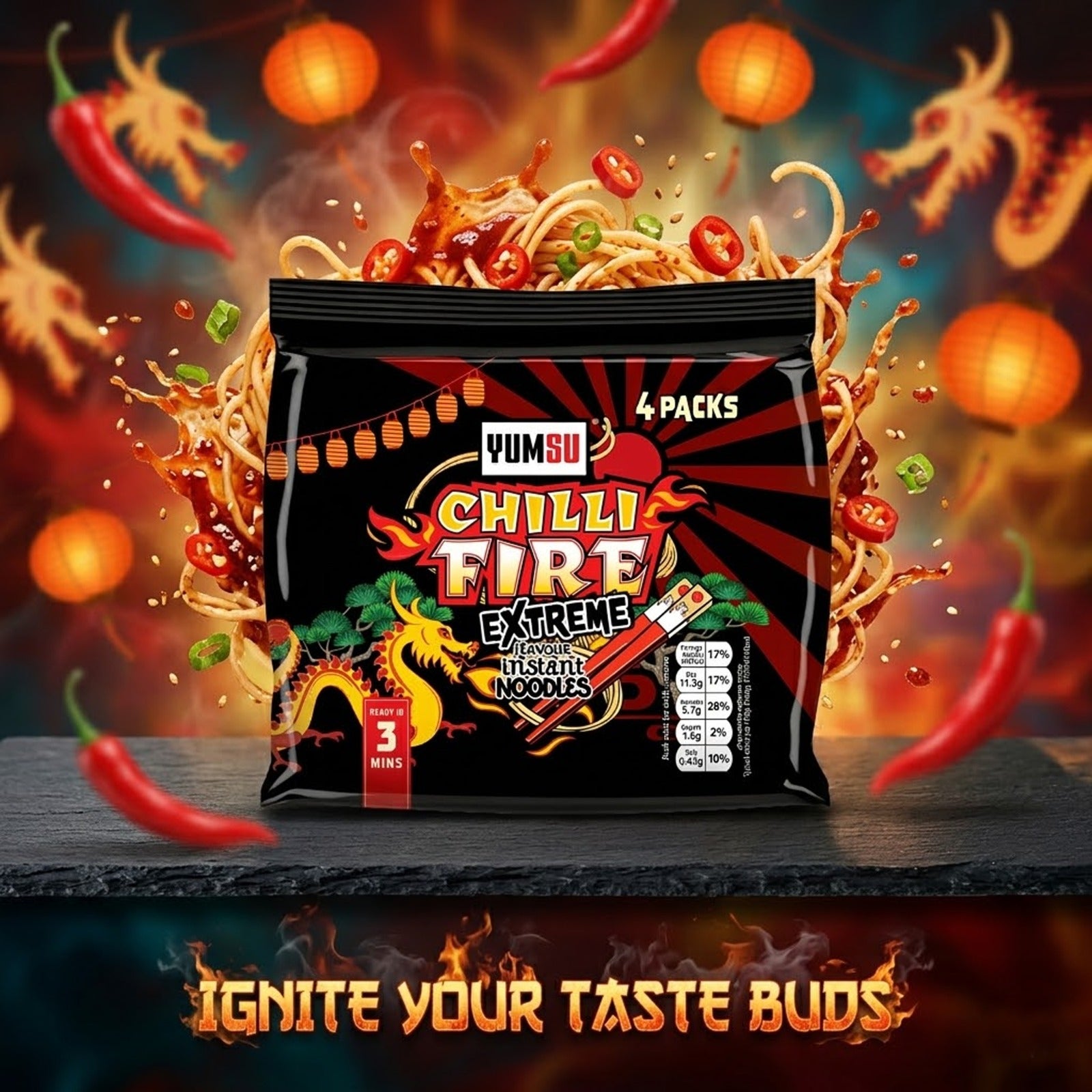 Yumsu Chilli Fire Extreme Flavour Instant Noodles, 2 x 70g (4 packs in 1)