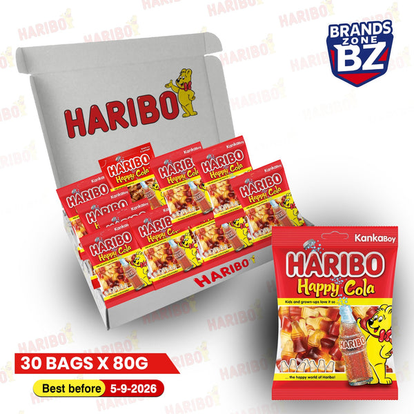 Haribo Happy Cola Bottle Gummies – 30 x 80g Bags | Classic Cola Flavour Jelly Sweets in Bulk | Perfect for Sharing, Gifting & Snacking