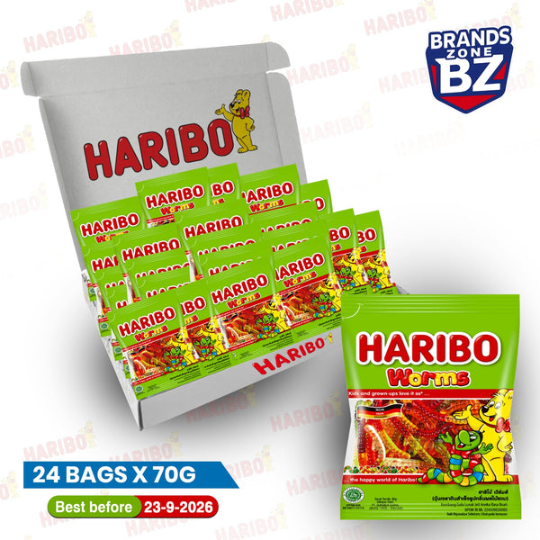 Haribo Blue Worms 24 x 70g Bags | Sour Fruity Fizzy Gummy Worms | Chewy Candy for Parties Sharing and Pick & Mix