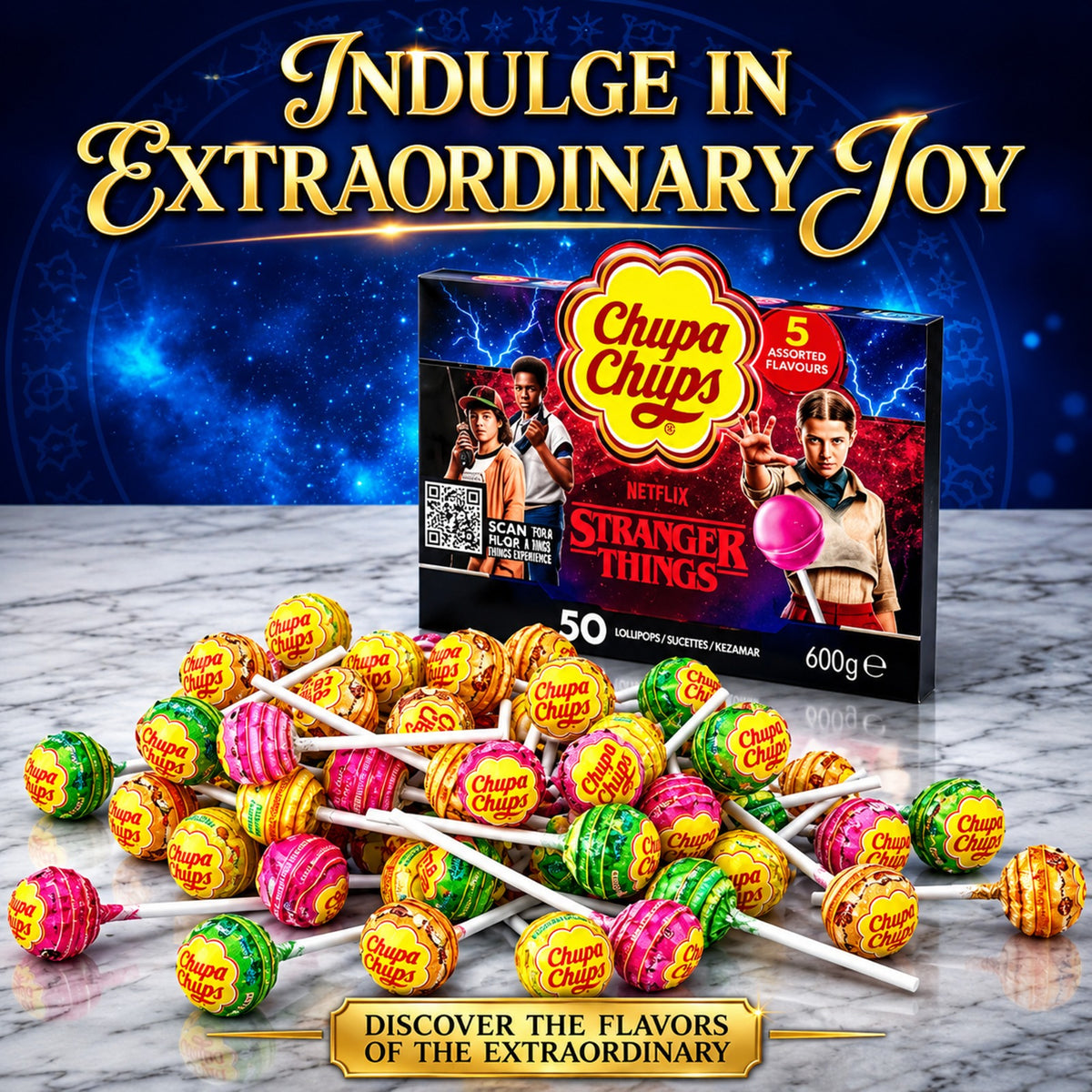 Chupa Chups x Stranger Things Limited Edition Lollipops – 5 Mystery Flavours, 1 Display Box of 50 Lollies
